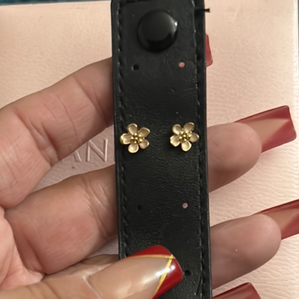Black Leather Bracelet with Gold Flower Accents